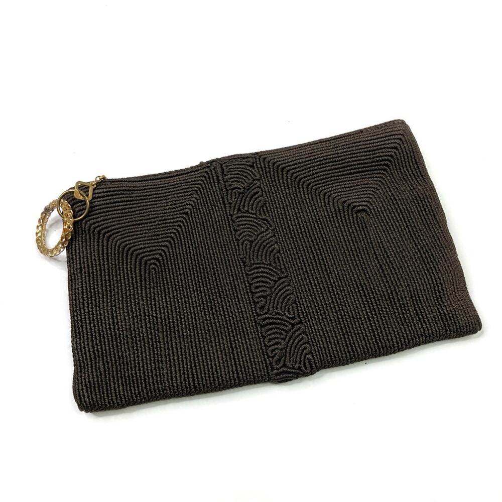 Brown Beaded Elegant Zip Clutch